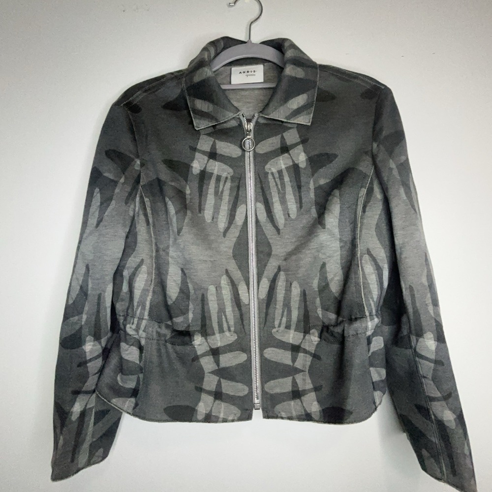 Akris Punto Women 8 Gray Geometric Hands Viscose Zip Jacket Drawstring Waist